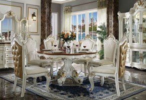 Summer Formal Dining Room Set with Round Table in Antique Pearl with Cherry Oak Accents